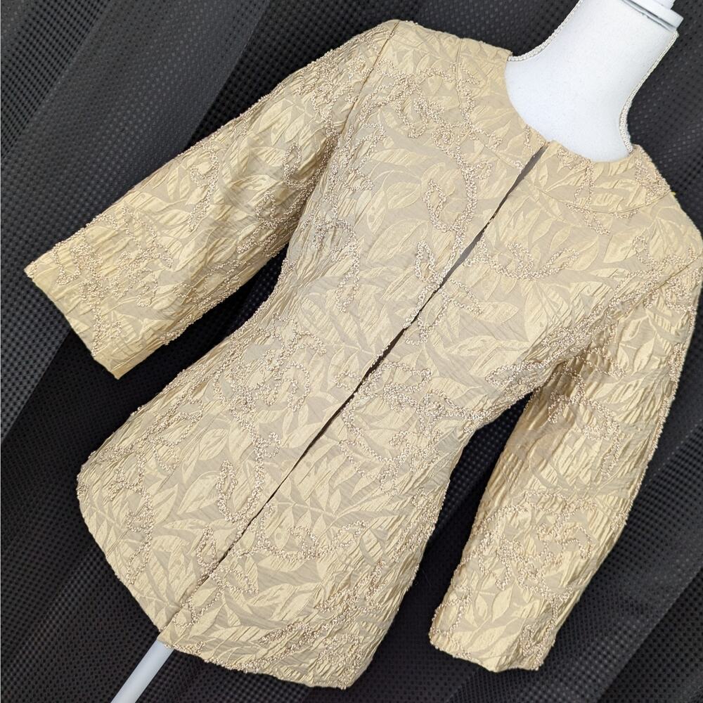 CHICO'S! STUNNING GOLD, RIBBON EMBROIDERED, 3/4 SLEEVE JACKET, BLAZER! SZ 2/4